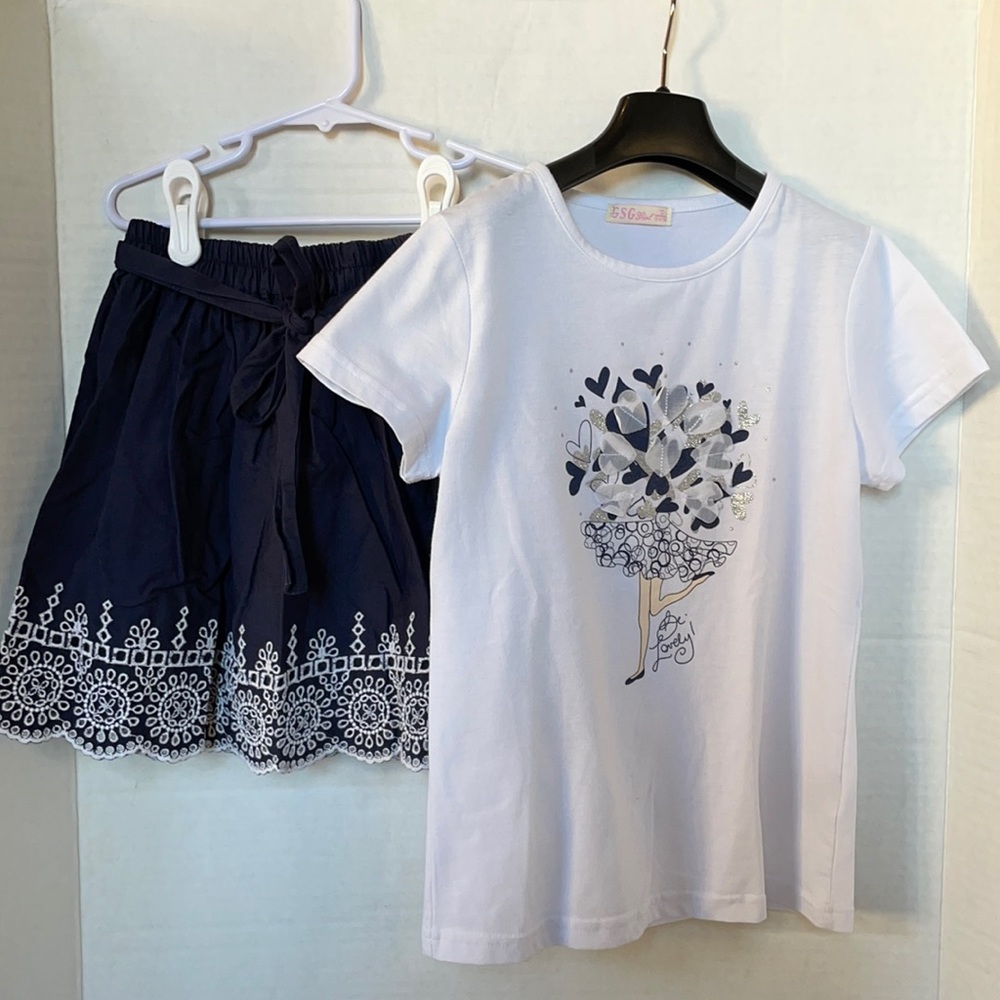 Boutique Girls Navy White Skirt and Top Set Size 10
